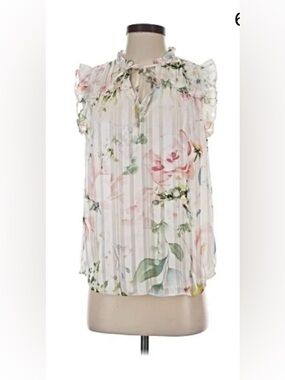 Floral Ruffle Tie-Neck Sleeveless Blouse - Pink/White